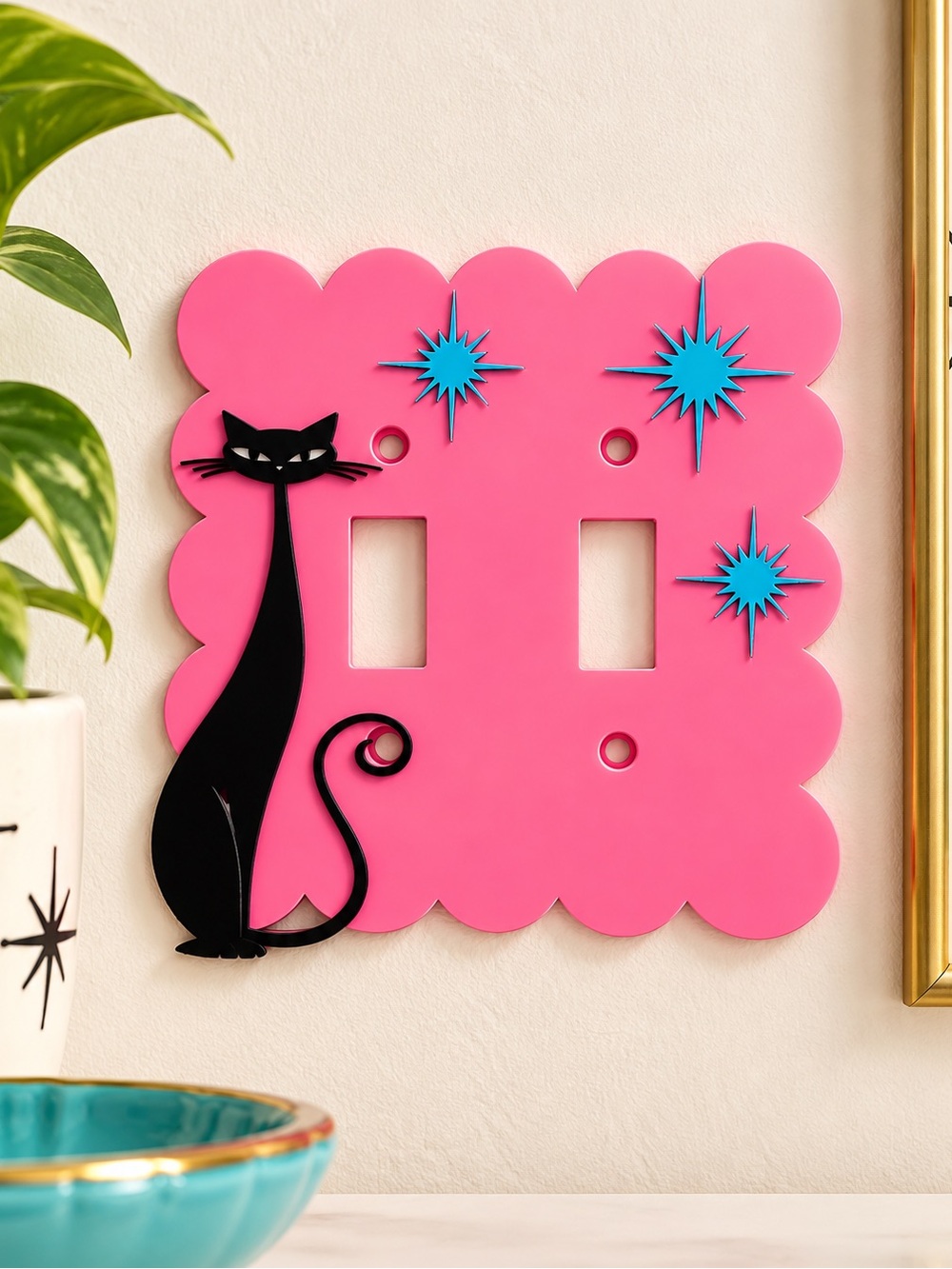 2/$25 Retro Atomic Black Cat 3D Printed Double Toggle Switch Cover MCM